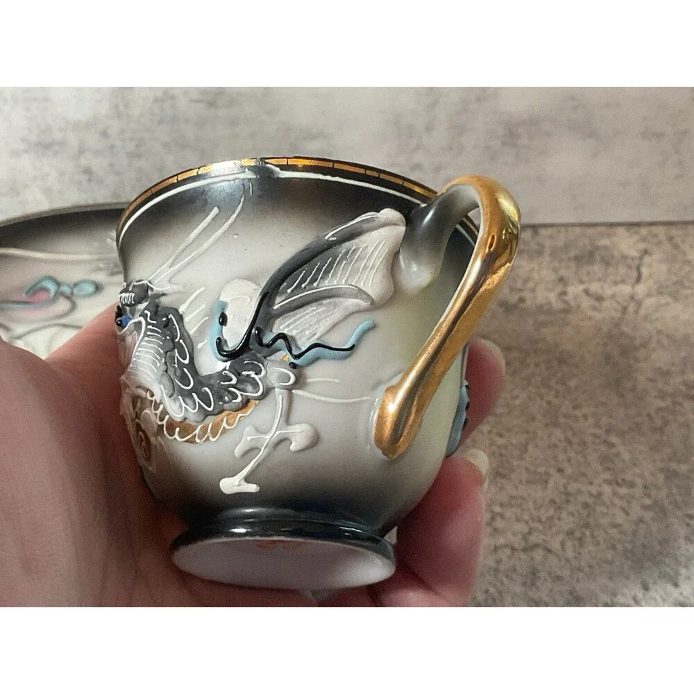 Antique Bone Moriage Raise Oriental Dragon Ware Decorative Espresso Cup & Saucer